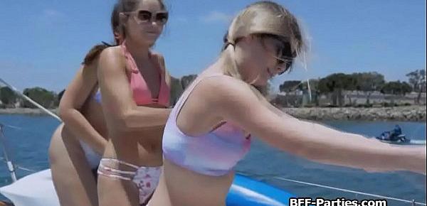  Bikini teens sharing captains cock on a boat